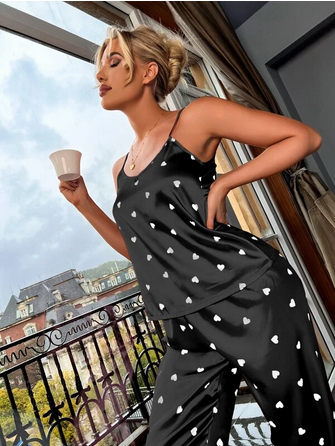 She's Inn Opulence Silky Satin Women's White Heart Print Camisole & Pant Night dress