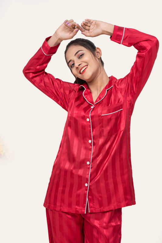 Studio by Arj Women's Vintage Shadow Stripe Burguandy Nightwear Pajama Set – Soft & Comfortable Two-Piece Sleepwear for Relaxed Nights