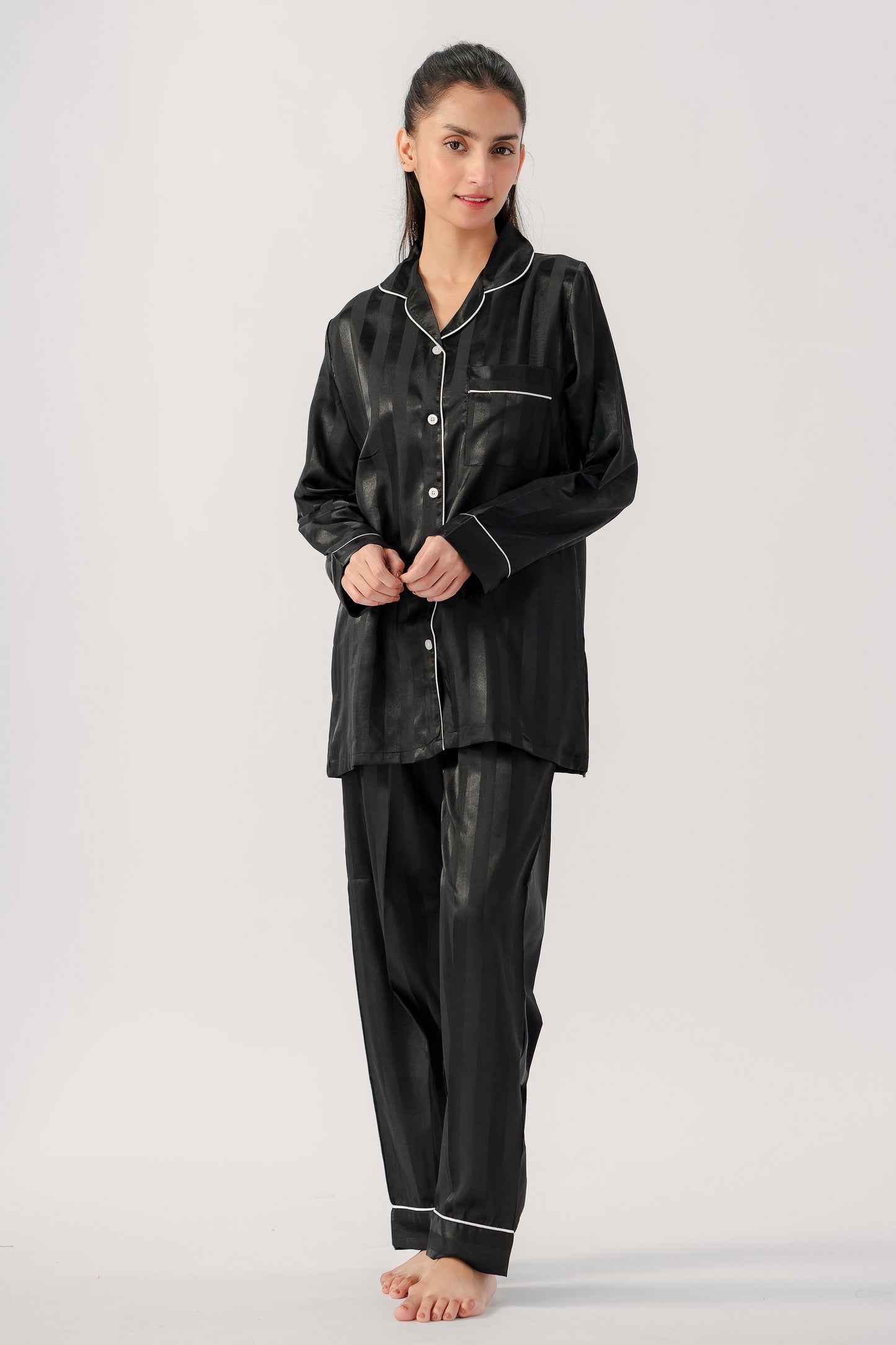 Studio by Arj Women's Vintage Shadow Stripe Black Nightwear Pajama Set – Soft & Comfortable Two-Piece Sleepwear for Relaxed Nights