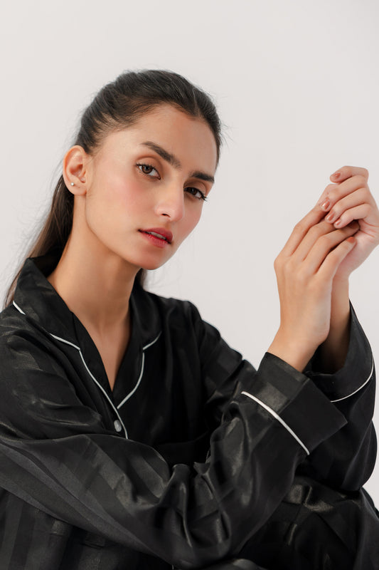 Studio by Arj Women's Vintage Shadow Stripe Black Nightwear Pajama Set – Soft & Comfortable Two-Piece Sleepwear for Relaxed Nights