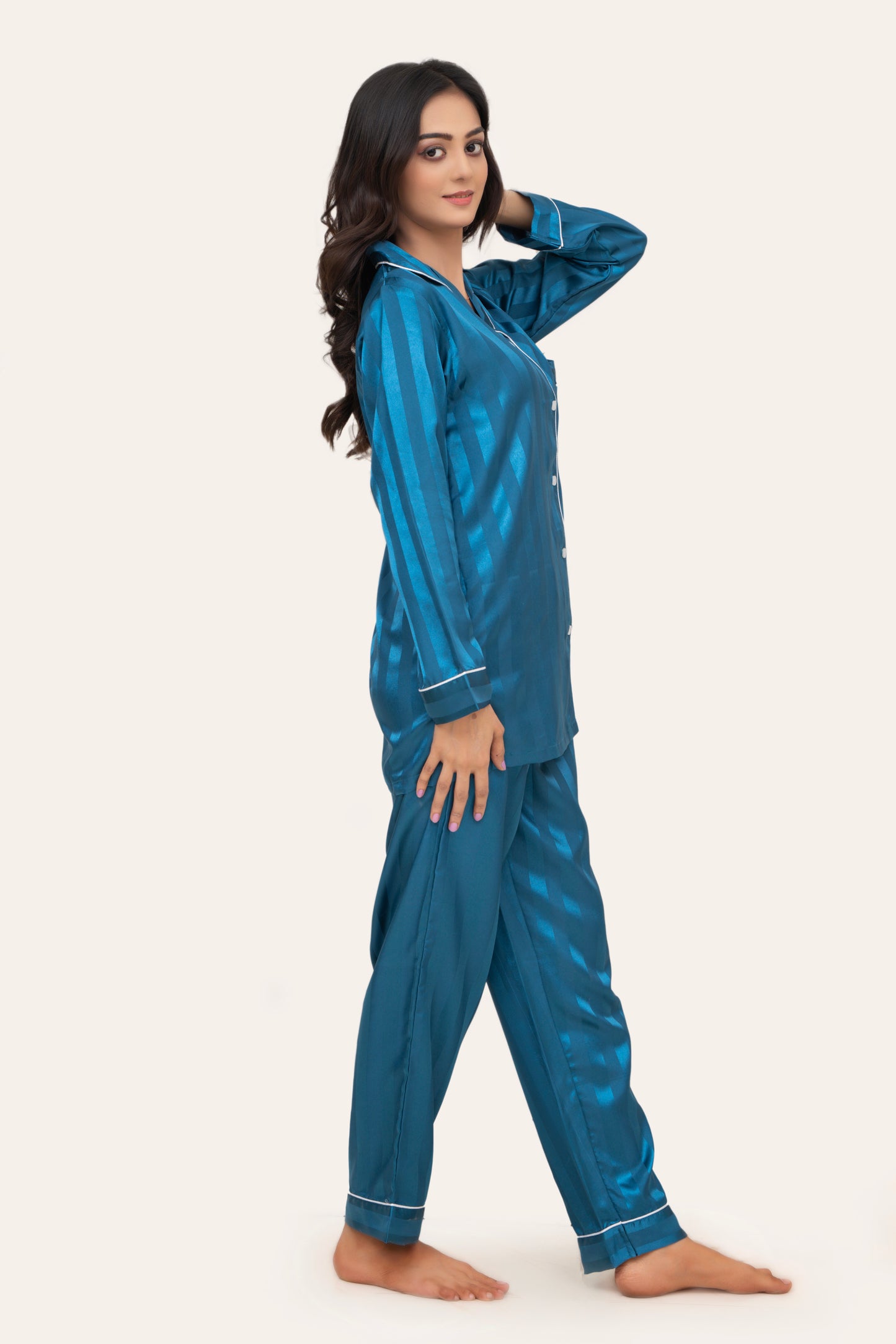 Studio by Arj Women's Vintage Shadow Stripe Teal Nightwear Pajama Set – Soft & Comfortable Two-Piece Sleepwear for Relaxed Nights
