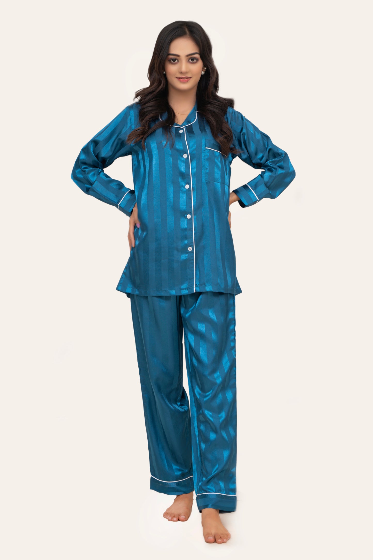 Studio by Arj Women's Vintage Shadow Stripe Teal Nightwear Pajama Set – Soft & Comfortable Two-Piece Sleepwear for Relaxed Nights