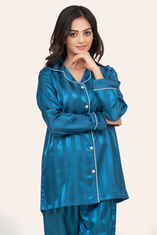 Studio by Arj Women's Vintage Shadow Stripe Teal Nightwear Pajama Set – Soft & Comfortable Two-Piece Sleepwear for Relaxed Nights