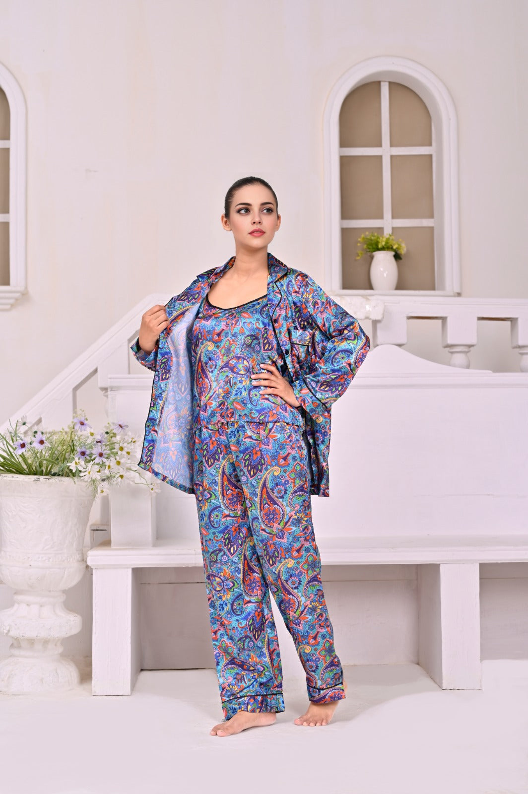 Eshaal Omani Dream Radiance – Elegant Silk Pajama Set Silky Finish Night Dress For Women and Girls 7 Piece Night Wear Women's Pajama Sets