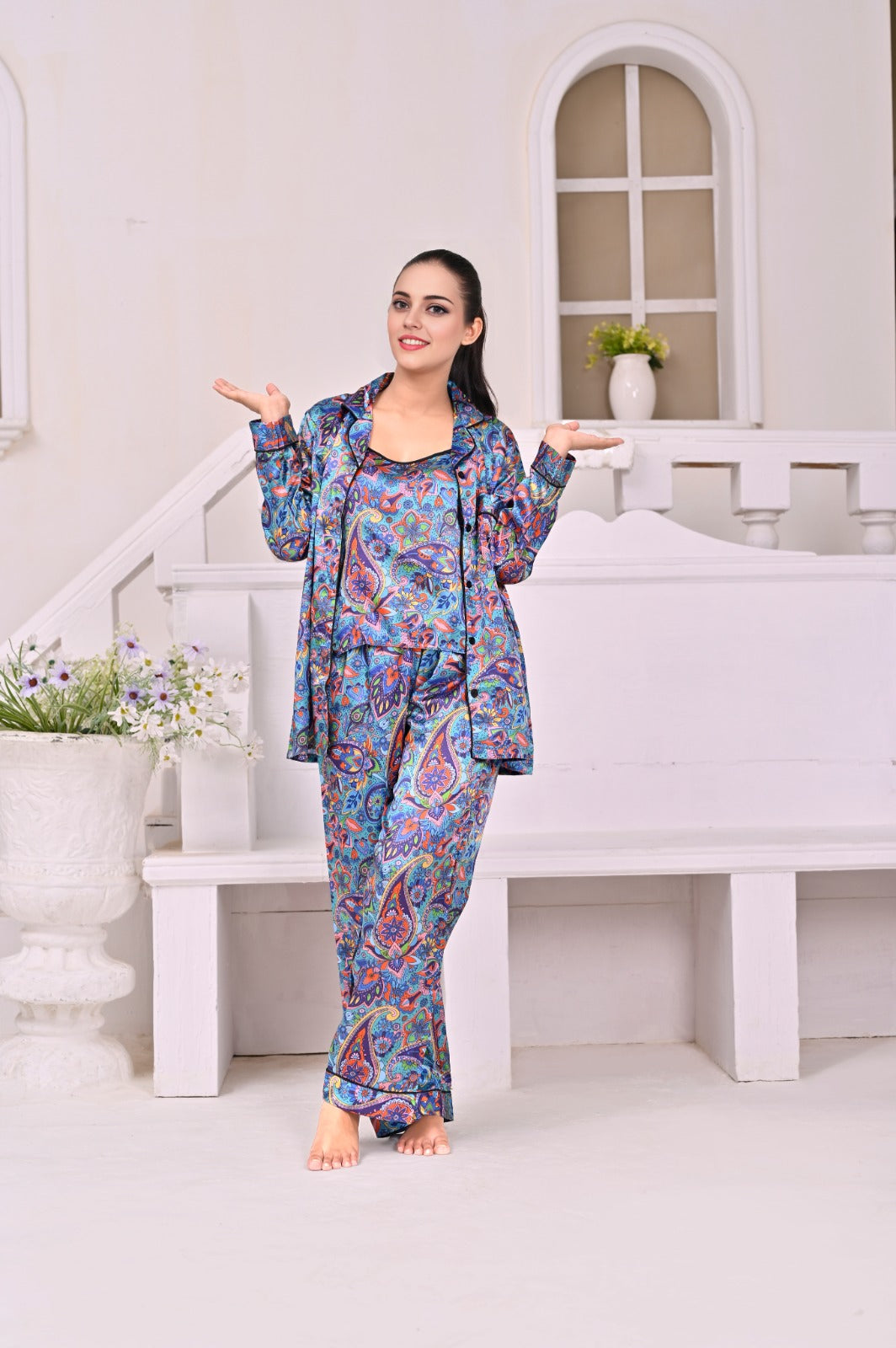 Eshaal Omani Dream Radiance – Elegant Silk Pajama Set Silky Finish Night Dress For Women and Girls 7 Piece Night Wear Women's Pajama Sets