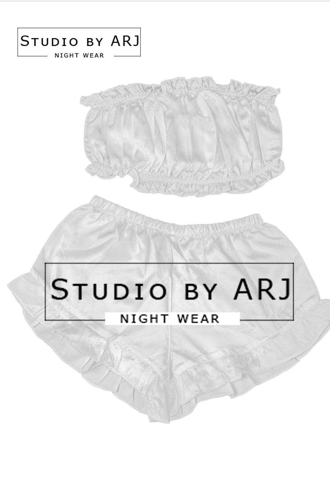 Rachel Lingerie Store White Satin Striped Frill Trim Tube Top And Shorts Set For Women