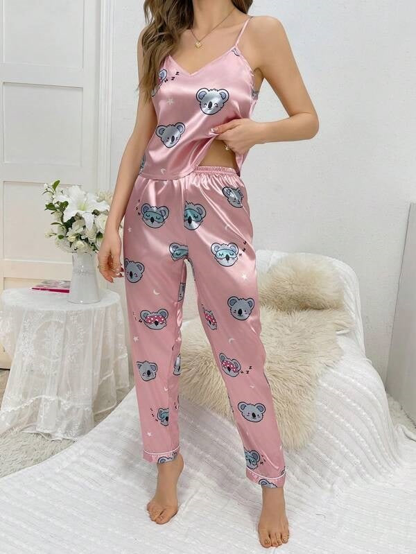 She's Inn Allure Silk-like Cartoon Koala Print Cami Top And Long Pants Pajamas Set  ARJ-SAND-03-PK