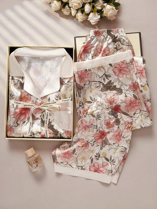 Women's 3 piece sleepwear Cream floral print satin Shirt pajama set silk with short