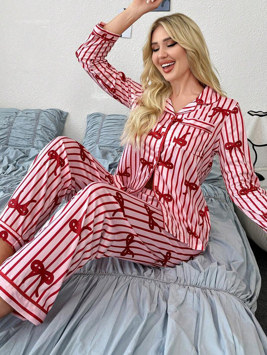 She's Inn Stylish  stripe Print Women Nightwear Smoothy Silky Satin Pajama set Night Drees