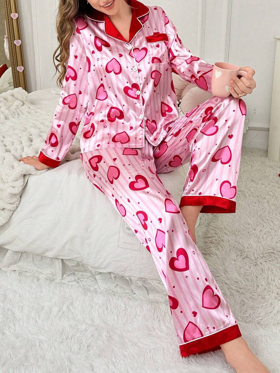 She's Inn Stylish heart & stripe Print Women Nightwear Smoothy Silky Satin Pajama set Night Drees