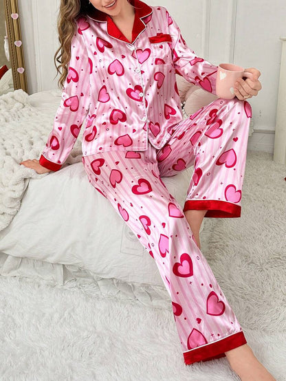 She's Inn Stylish heart & stripe Print Women Nightwear Smoothy Silky Satin Pajama set Night Drees