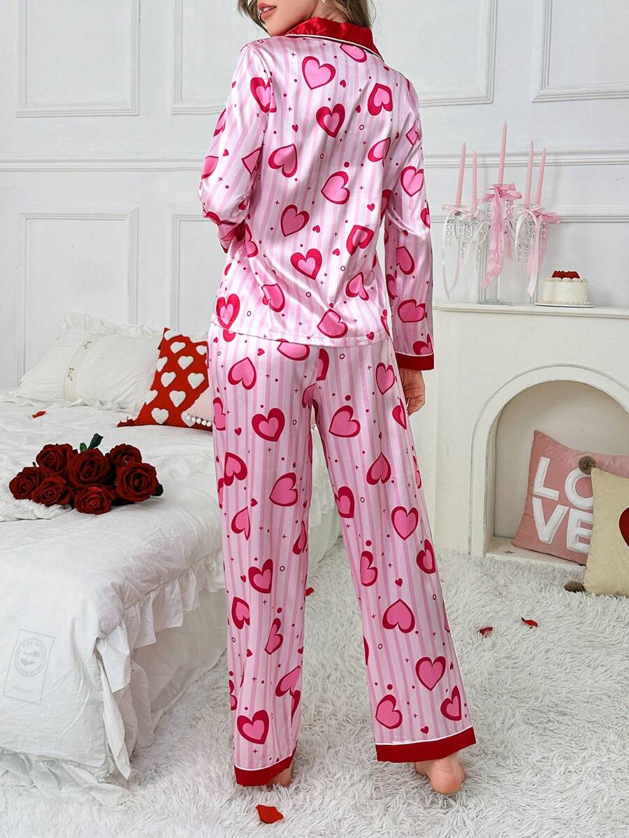 She's Inn Stylish heart & stripe Print Women Nightwear Smoothy Silky Satin Pajama set Night Drees