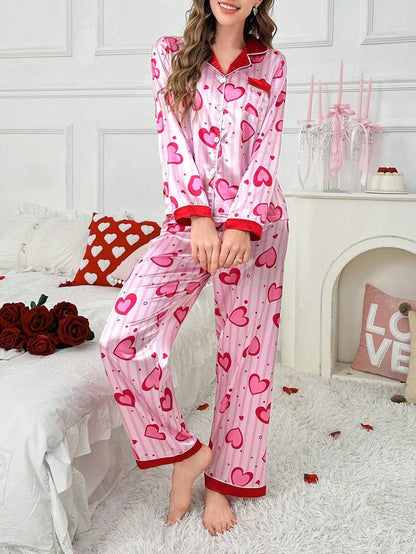 She's Inn Stylish heart & stripe Print Women Nightwear Smoothy Silky Satin Pajama set Night Drees