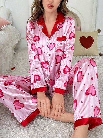 She's Inn Stylish heart & stripe Print Women Nightwear Smoothy Silky Satin Pajama set Night Drees