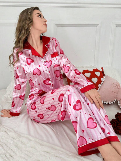 She's Inn Stylish heart & stripe Print Women Nightwear Smoothy Silky Satin Pajama set Night Drees