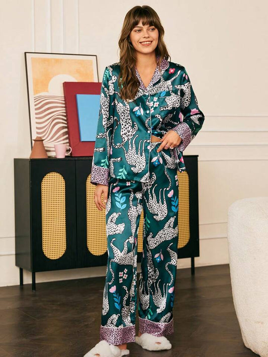 She's Inn Stylish Leopard Print Women Nightwear Smoothy Silky Satin Pajama set Night Drees For Girls