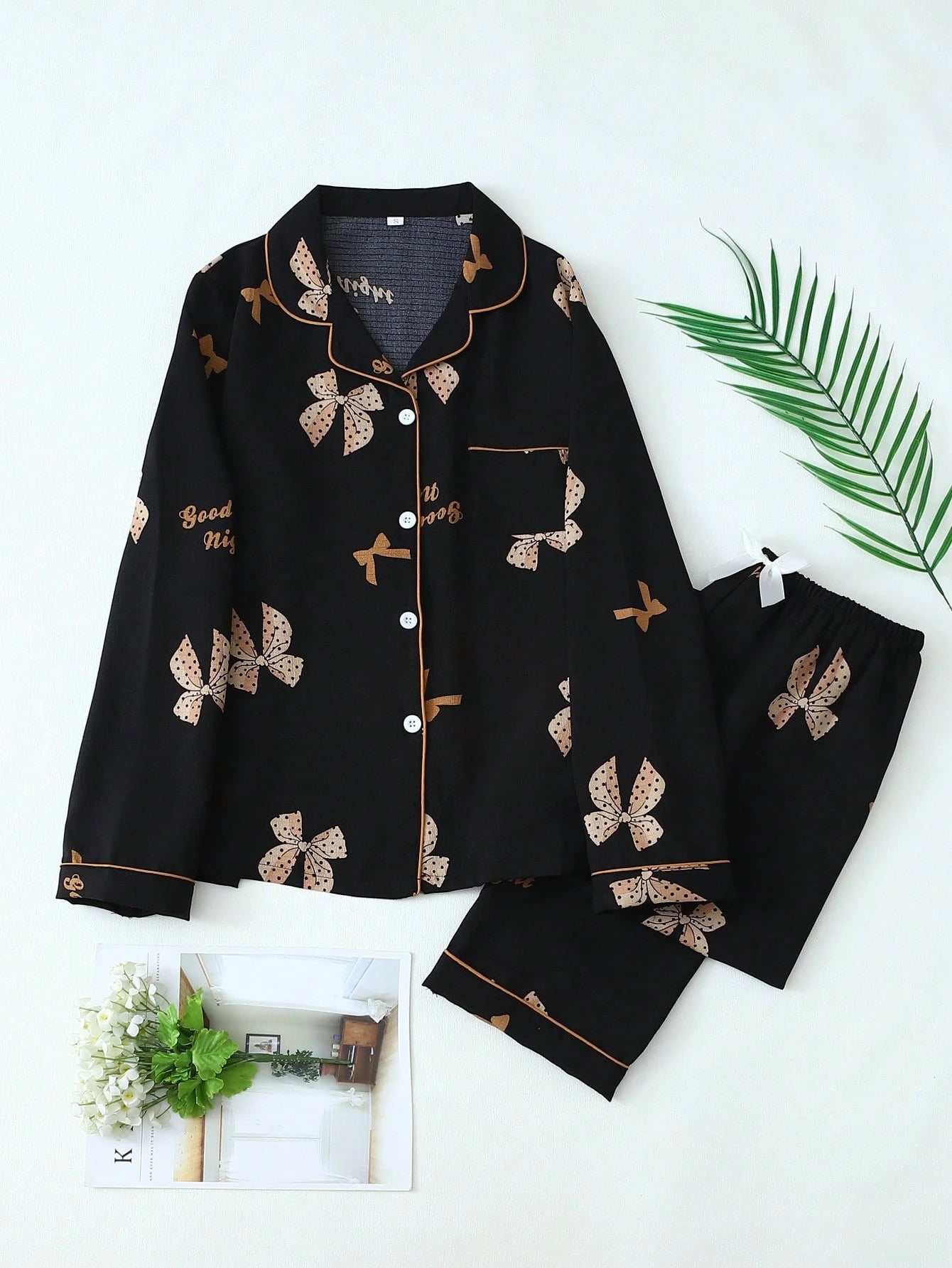 studio by arj Black Bow print women nightwear pajama set silky satin pajama set night drees for girls