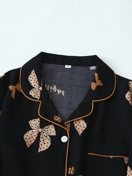 studio by arj Black Bow print women nightwear pajama set silky satin pajama set night drees for girls