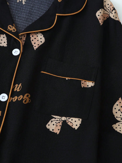 studio by arj Black Bow print women nightwear pajama set silky satin pajama set night drees for girls