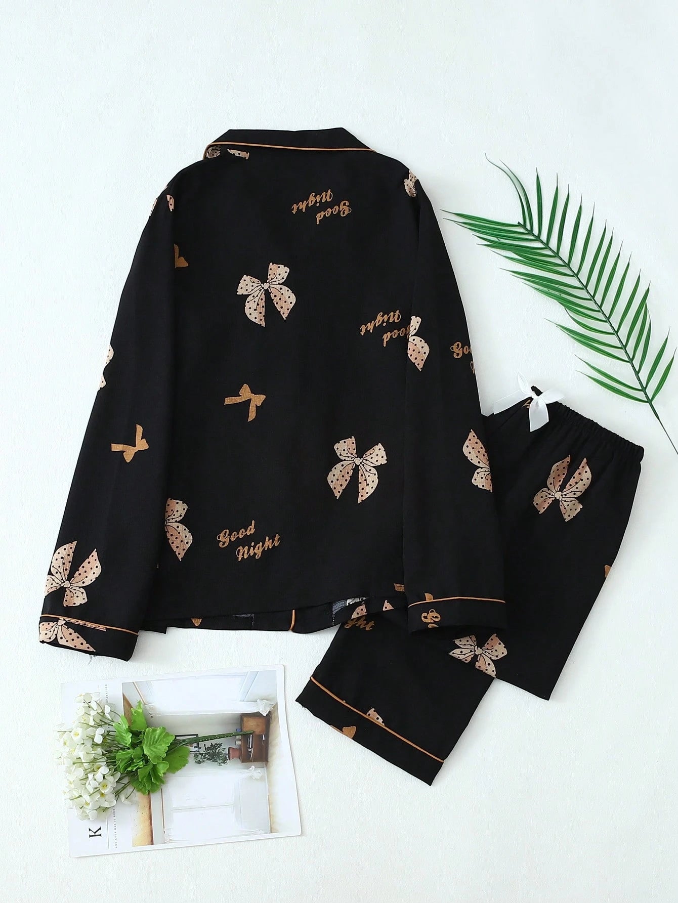 studio by arj Black Bow print women nightwear pajama set silky satin pajama set night drees for girls