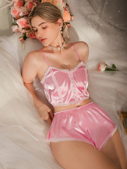 Delicate Allure 2pcs Satin & Satin Lace Patchwork Tie-Up Ruffle Hem Cute & Elegant Camisole + Shorts Women