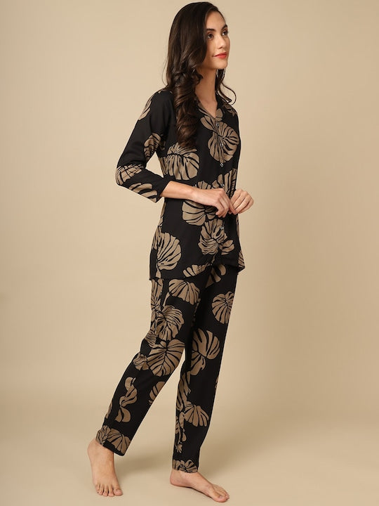 Layla Amal Trendy Essentials Poly Viscose black & Brown Printed Night Suit ARJ-PJ-01-BK-LEAF