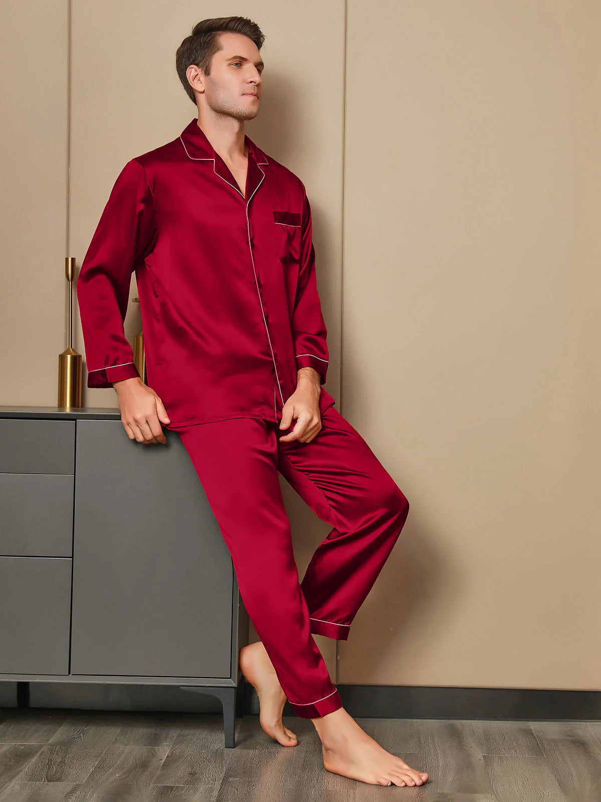 Sebastian Men's Silky Satin Comfortable pajama set contrast Piping Pj set