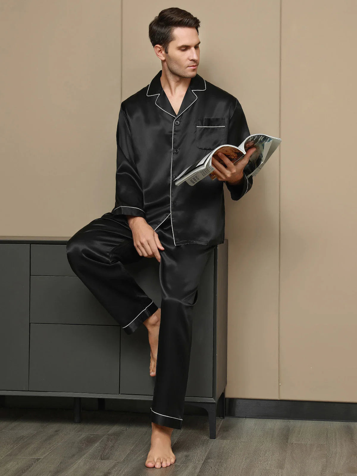 Sebastian Men's Silky Satin Comfortable pajama set contrast Piping Pj set