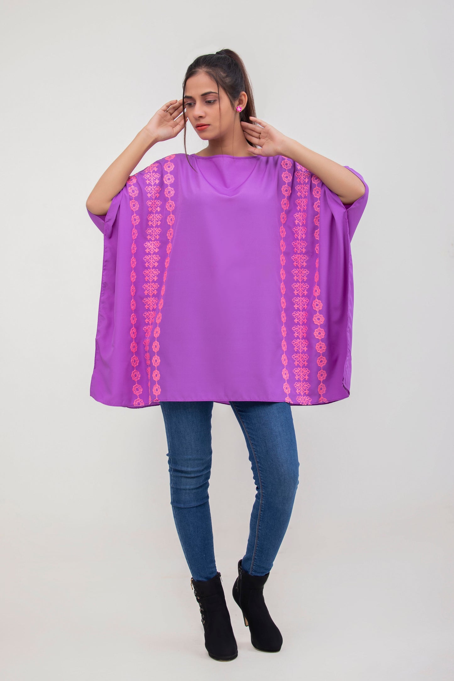 Valerie Purple Floral Embroidered Poncho Top