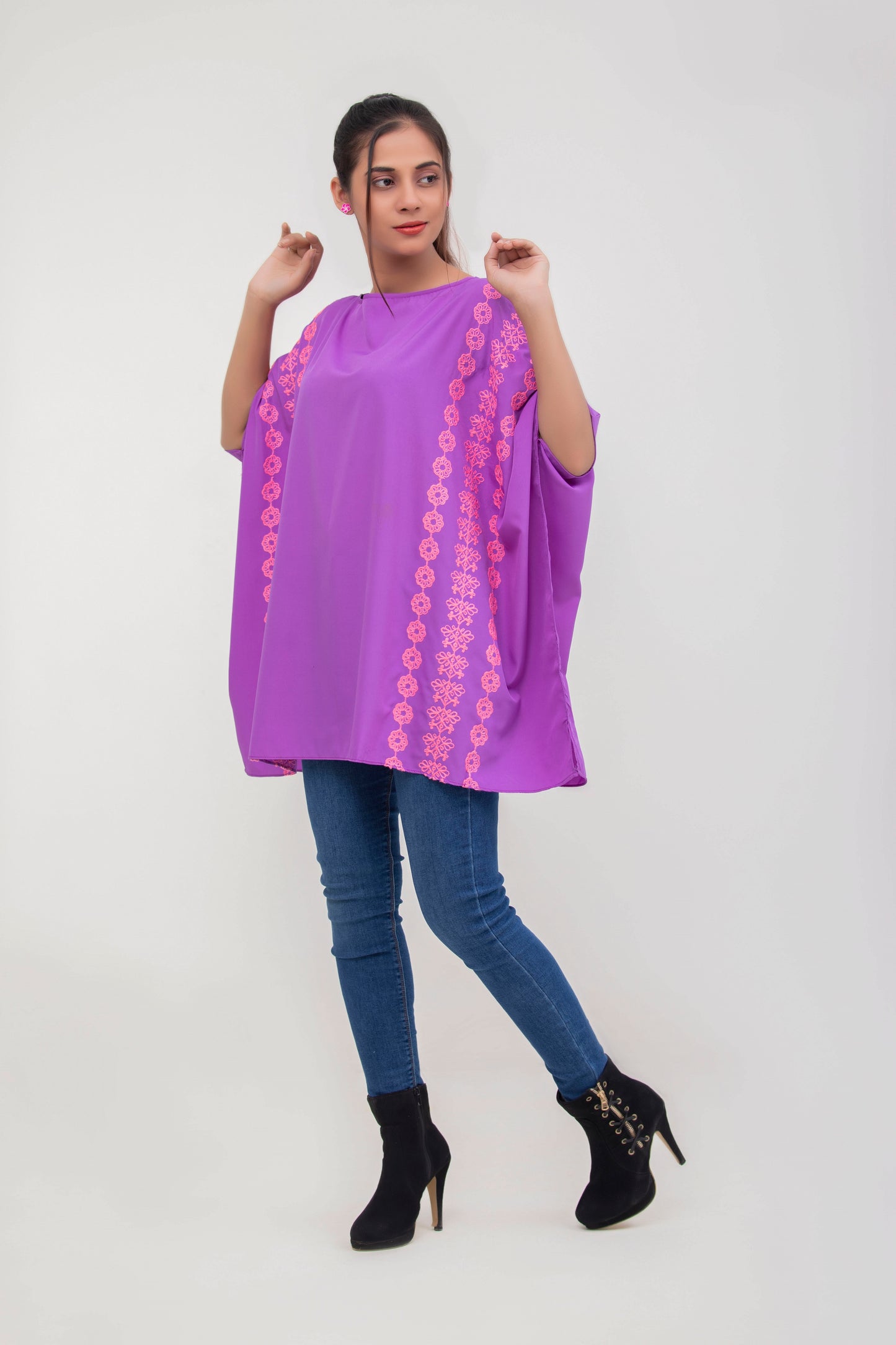 Valerie Purple Floral Embroidered Poncho Top