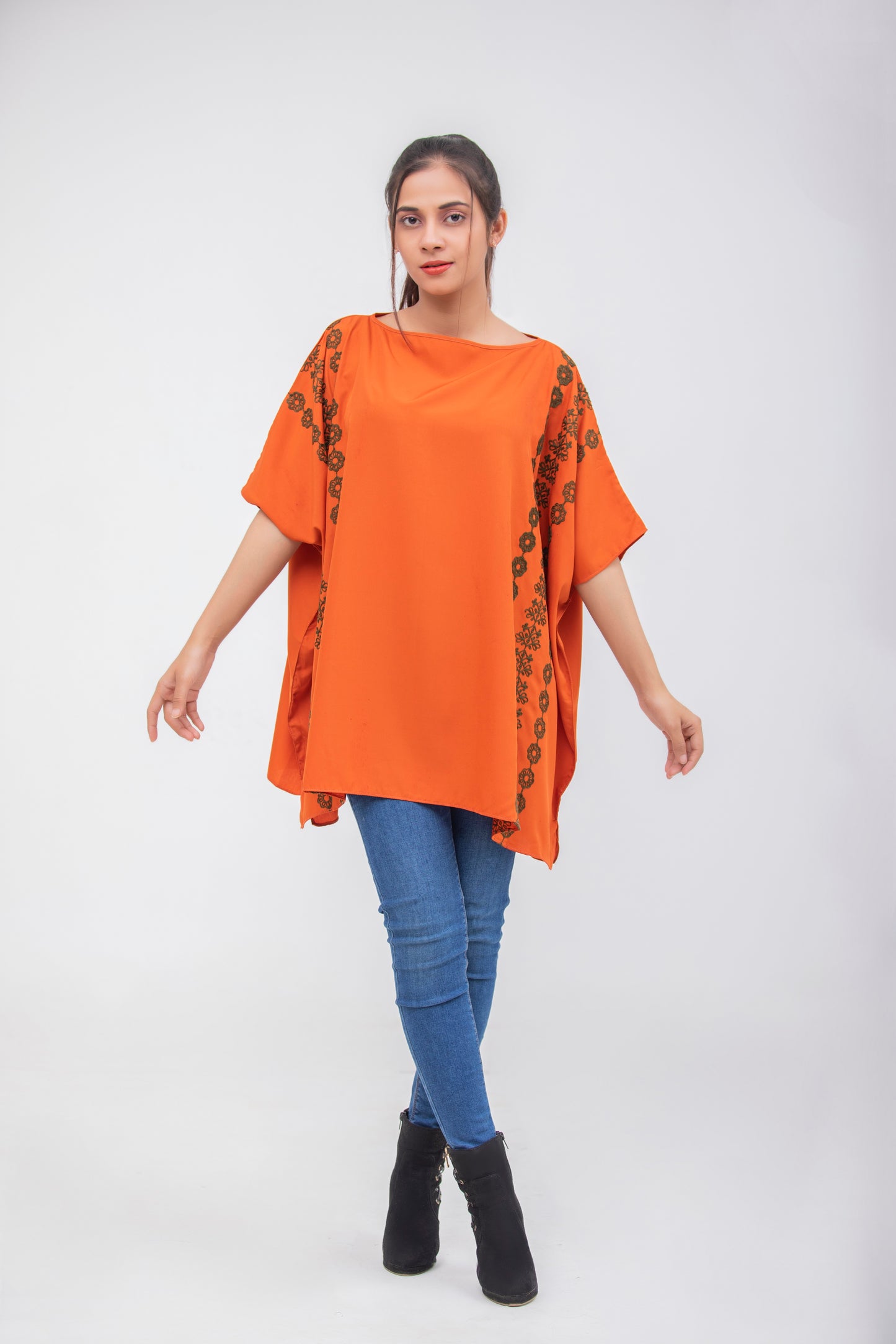 Valerie Orange Floral Embroidered Poncho Top