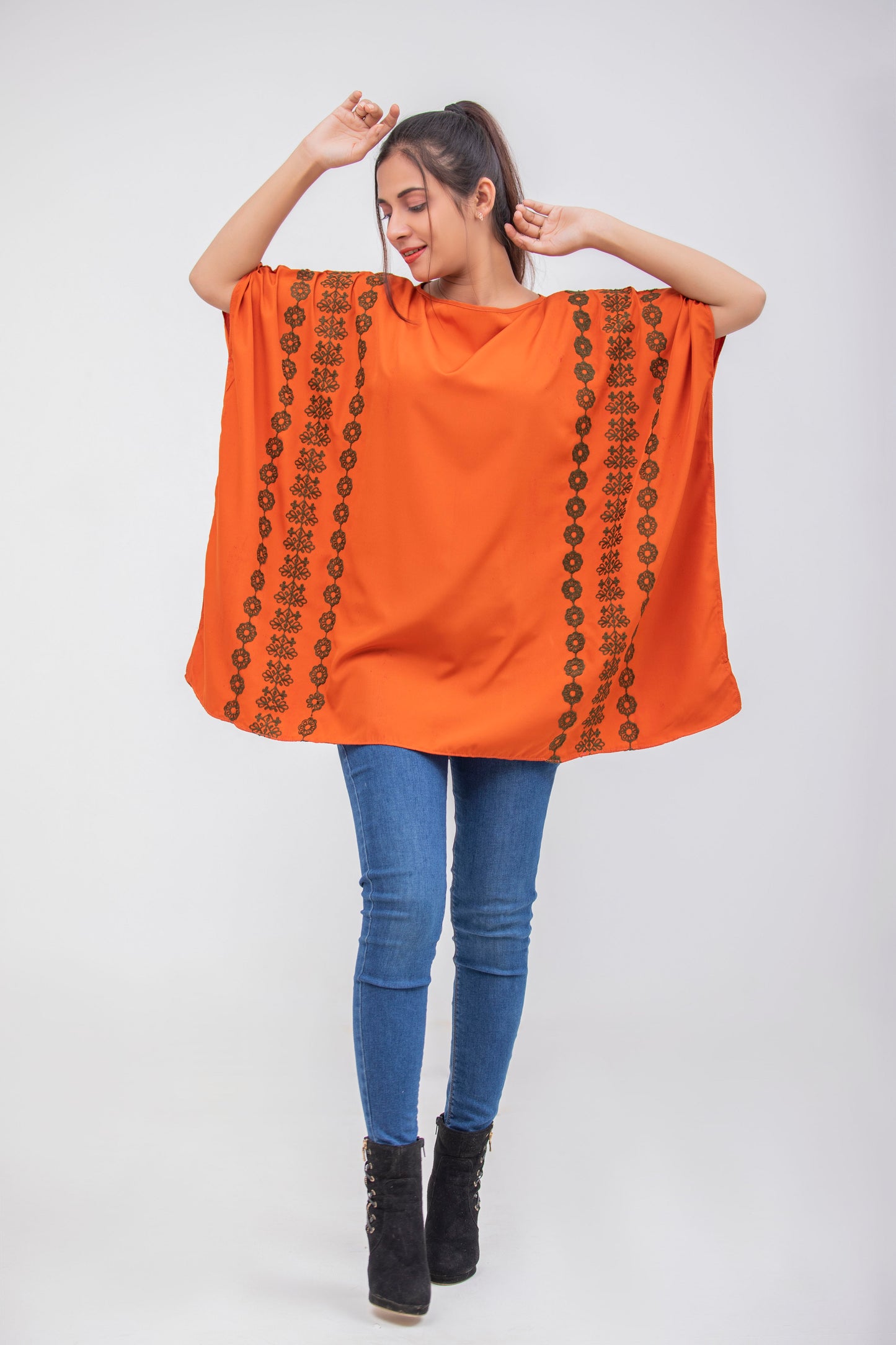 Valerie Orange Floral Embroidered Poncho Top