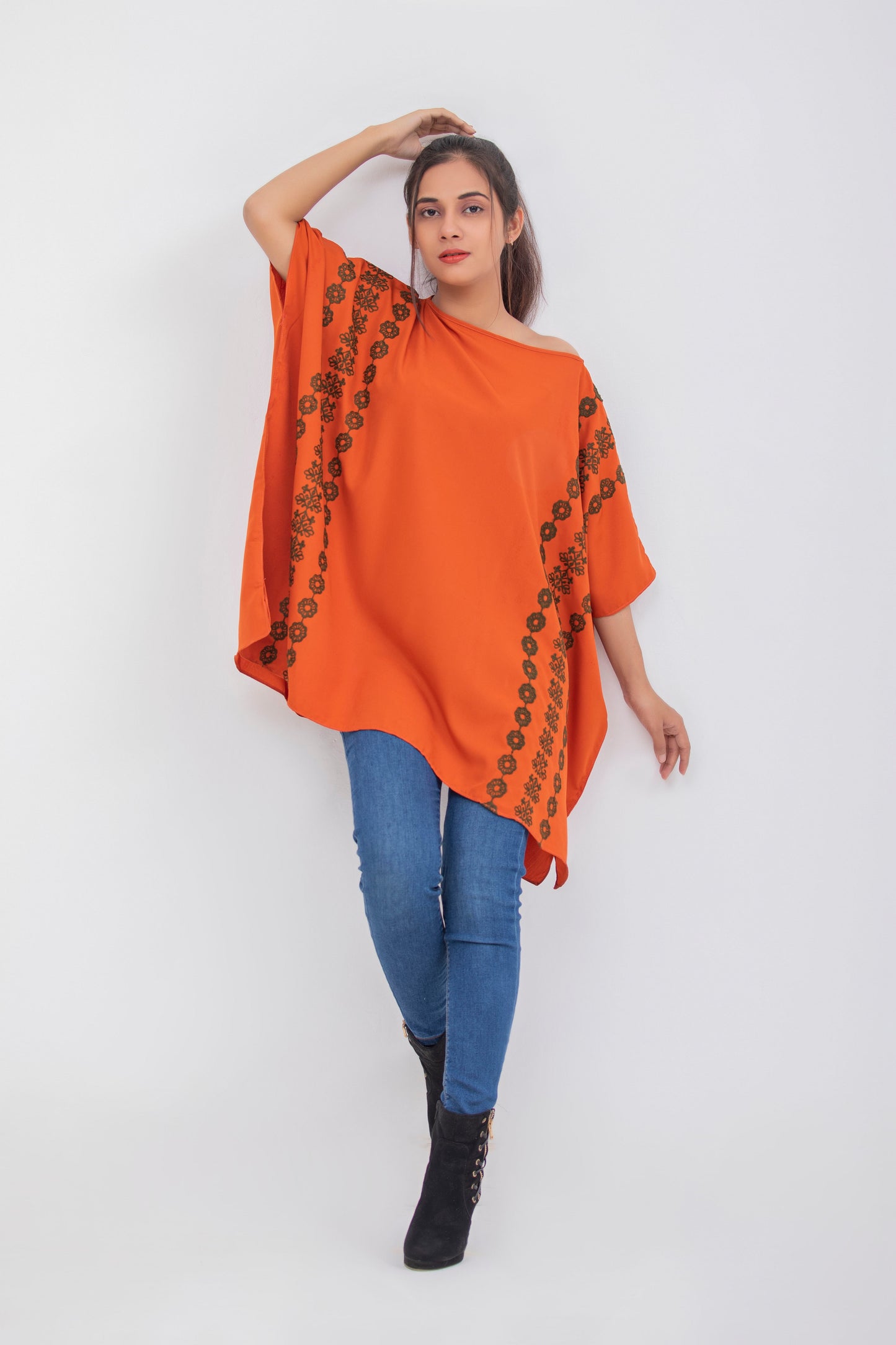 Valerie Orange Floral Embroidered Poncho Top