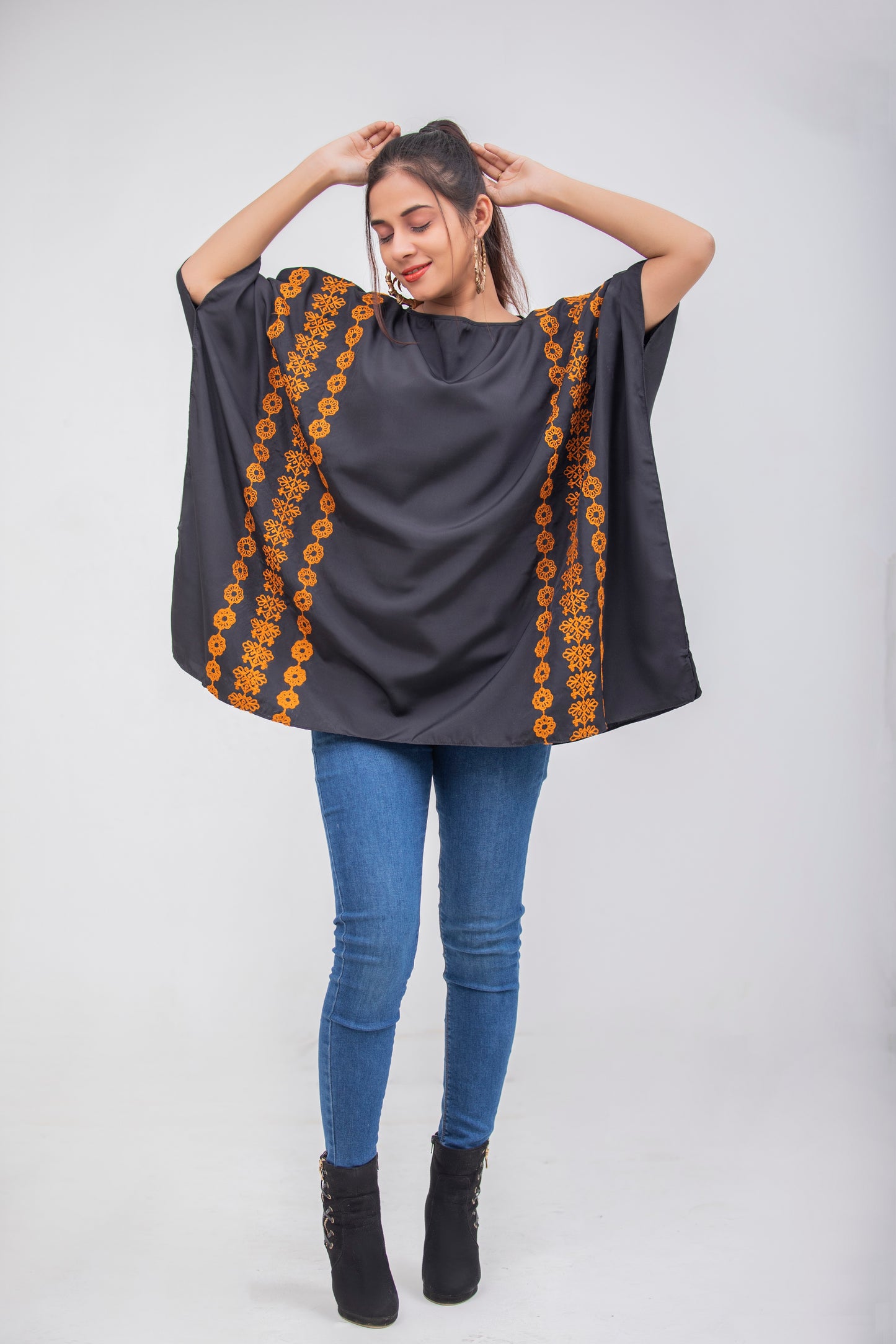 Valerie Black Floral Brown Embroidered Poncho Top