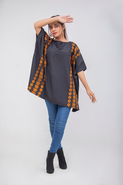 Valerie Black Floral Brown Embroidered Poncho Top