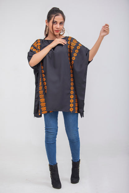 Valerie Black Floral Brown Embroidered Poncho Top