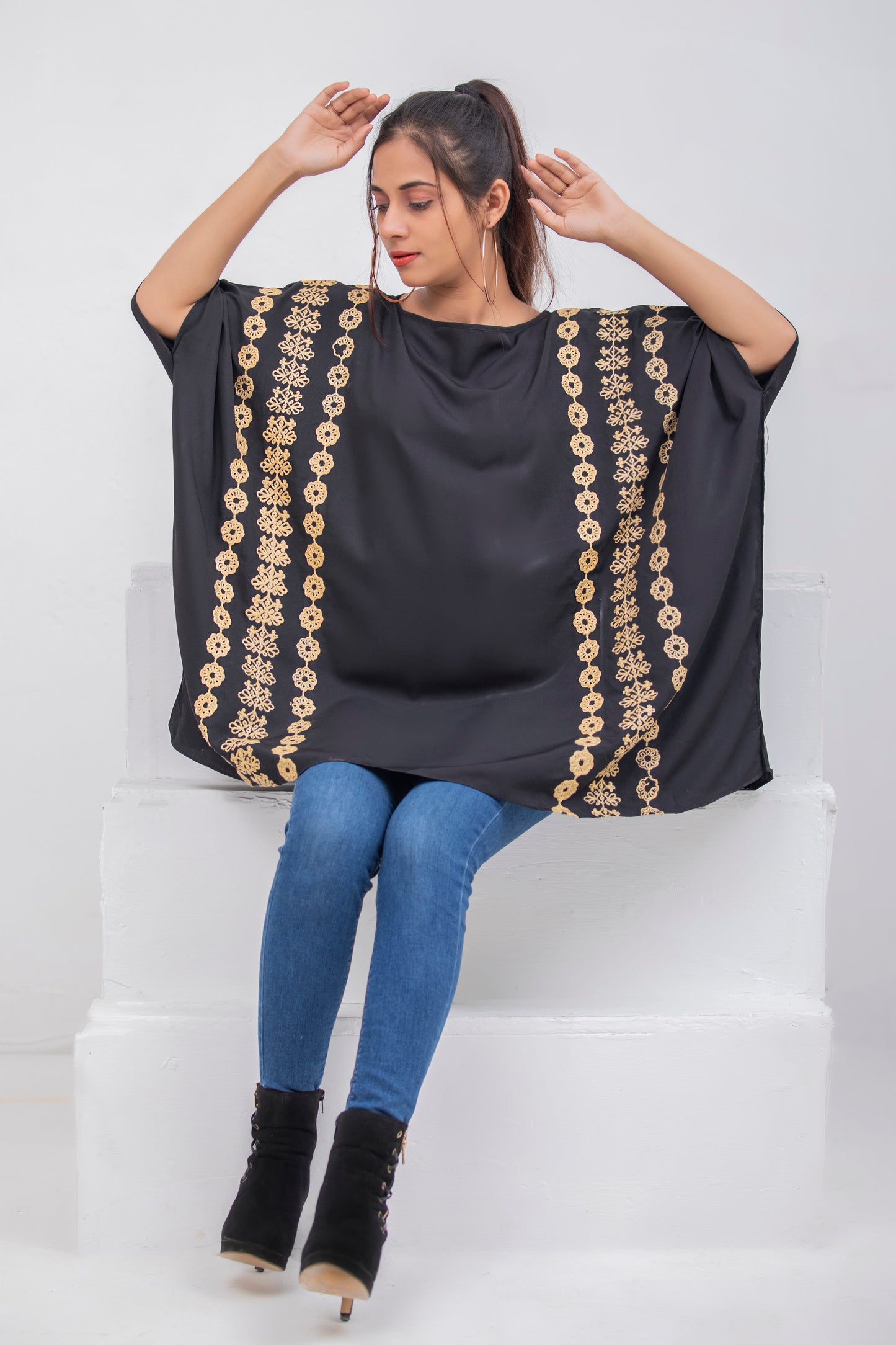 Valerie Black Floral Beige Embroidered Poncho Top