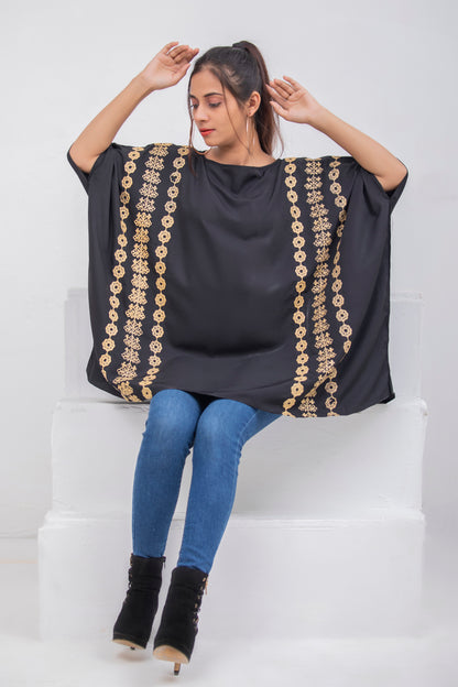 Valerie Black Floral Beige Embroidered Poncho Top