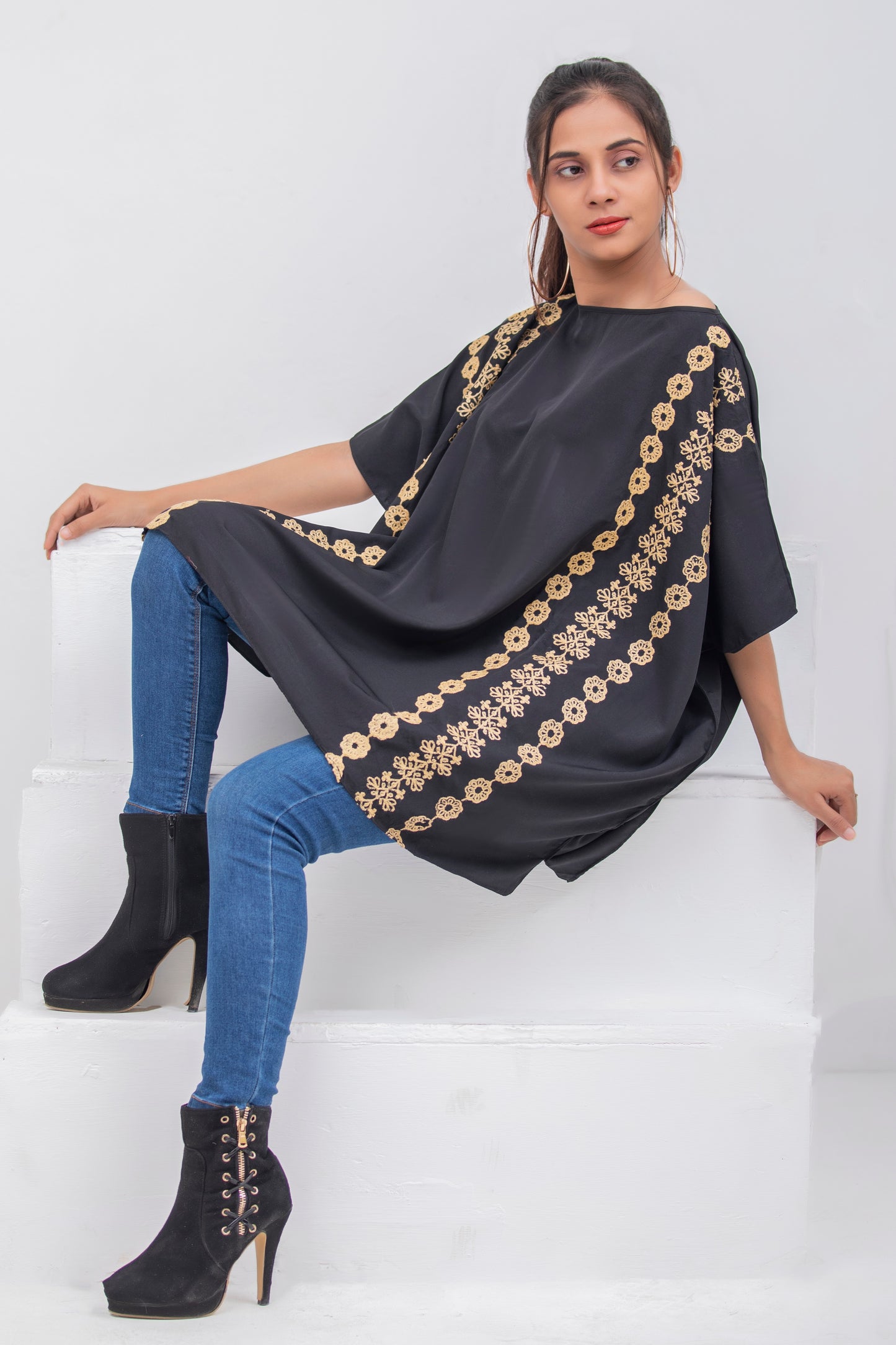 Valerie Black Floral Beige Embroidered Poncho Top