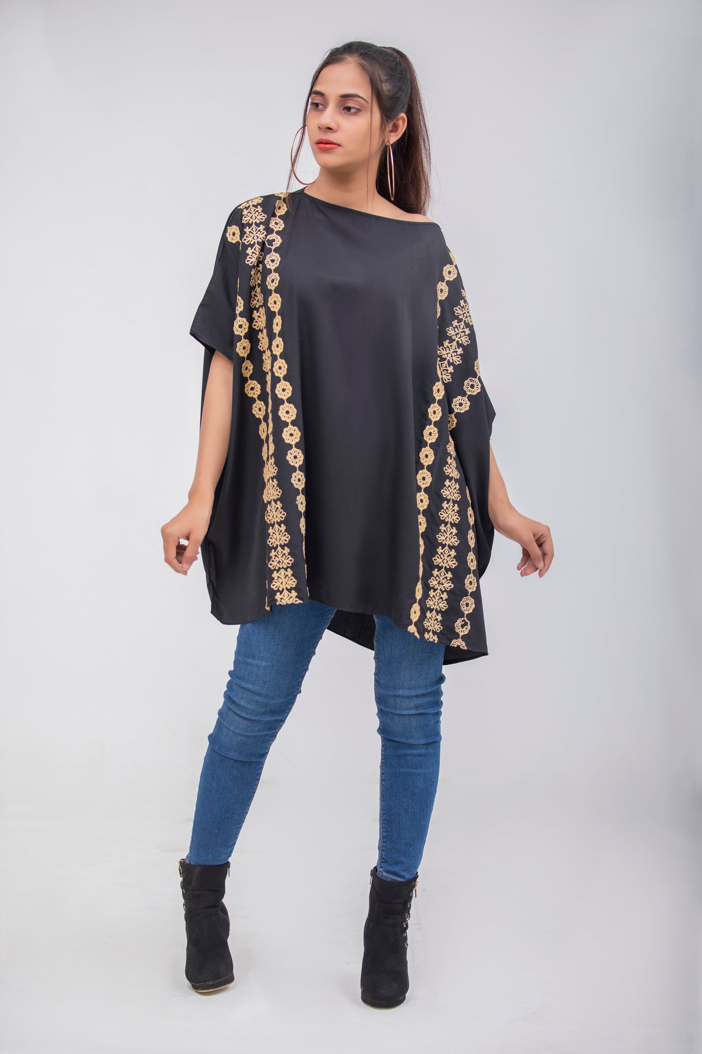 Valerie Black Floral Beige Embroidered Poncho Top
