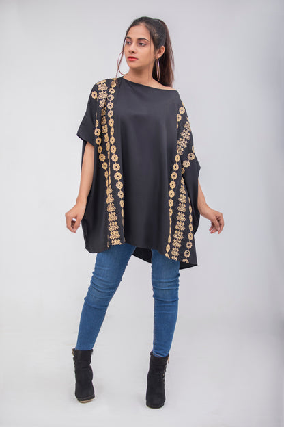 Valerie Black Floral Beige Embroidered Poncho Top