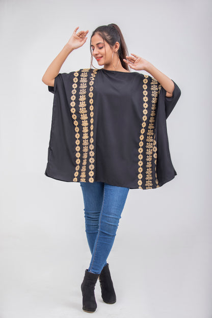 Valerie Black Floral Beige Embroidered Poncho Top
