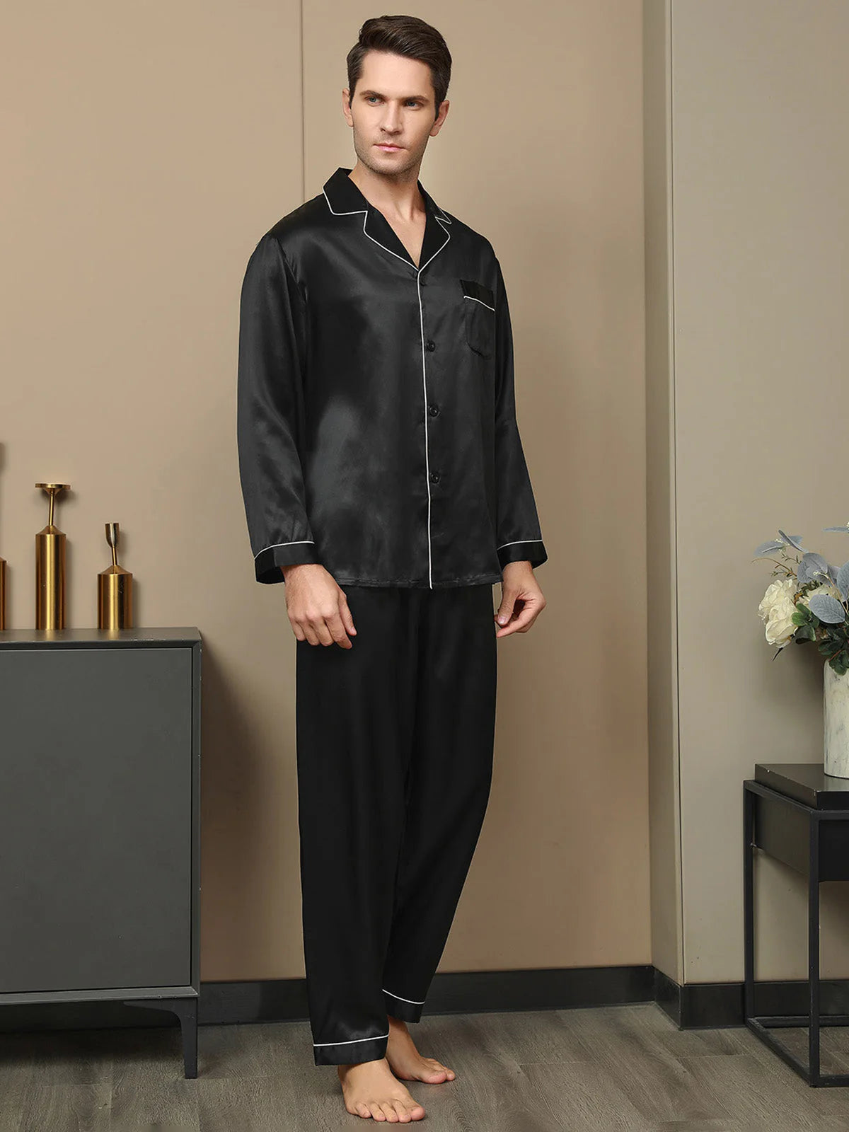 Sebastian Men's Silky Satin Comfortable pajama set contrast Piping Pj set