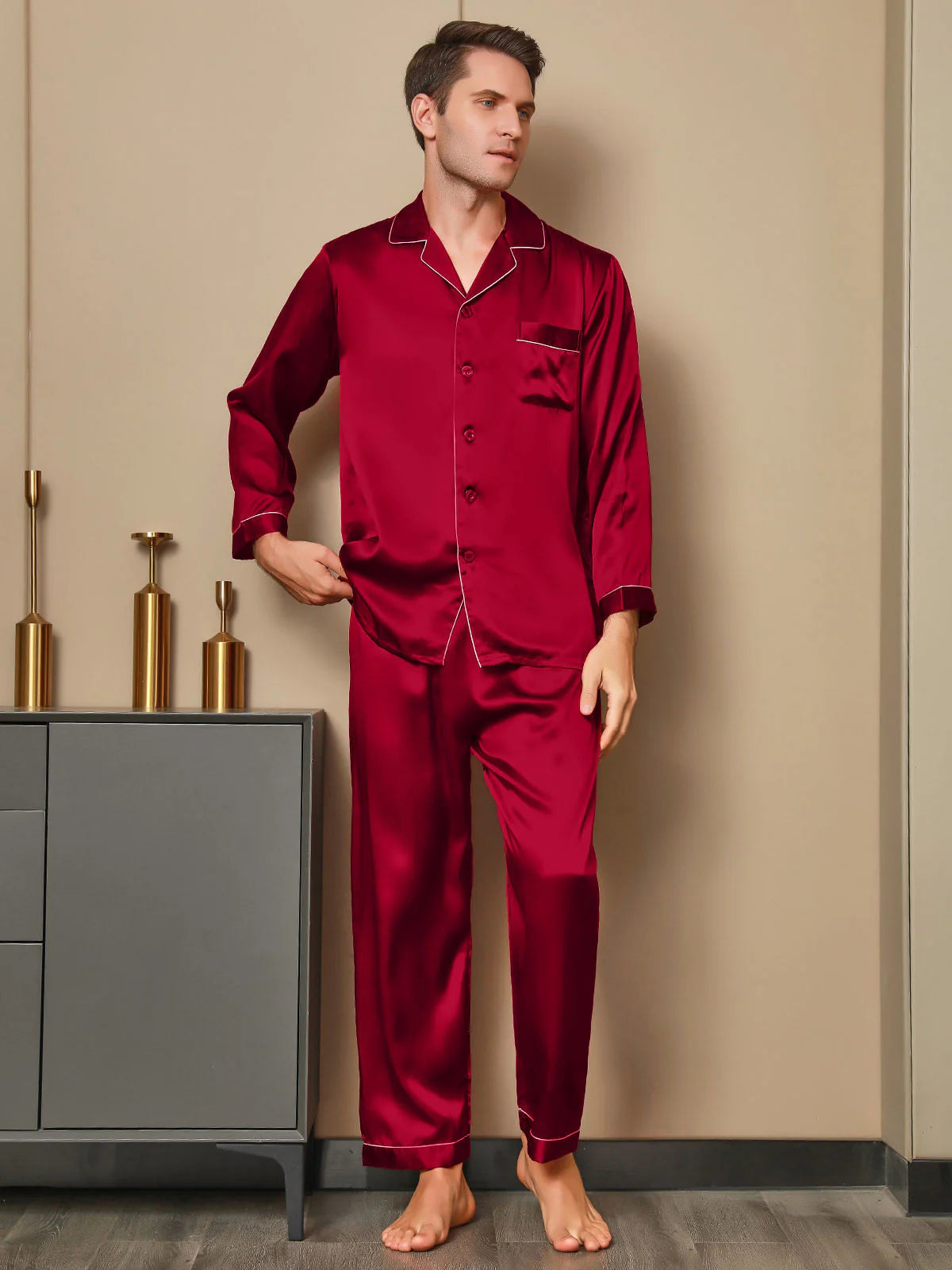 Sebastian Men's Silky Satin Comfortable pajama set contrast Piping Pj set
