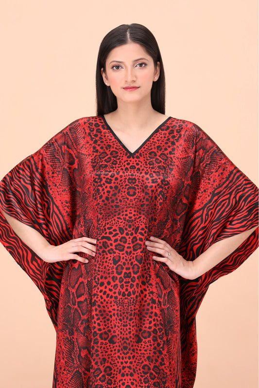 Studio By Arj women Burgandy Snack print Silky Satin caftan lounge wear / nightwear