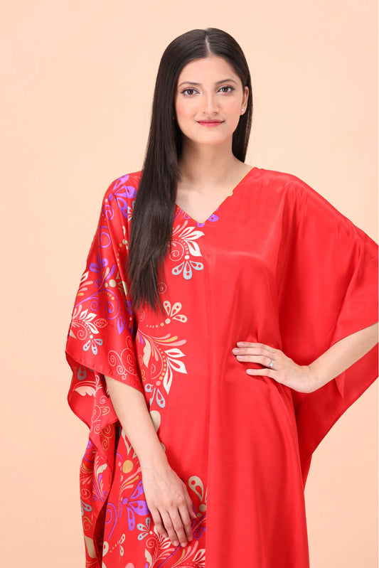 Studio By Arj Women Red printed Silky Satin caftan lounge wear / nightwear