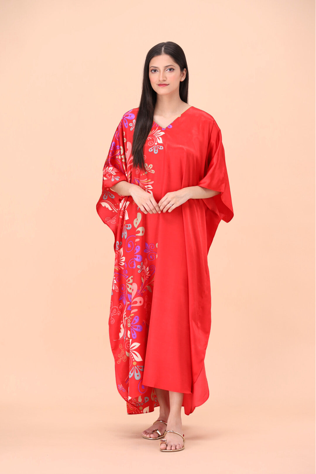 Studio By Arj Women Red printed Silky Satin caftan lounge wear / nightwear