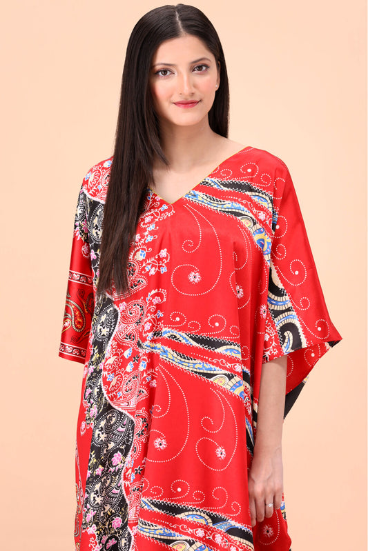 Studio By Arj Women Red Flower printed Silky Satin caftan lounge wear / nightwear