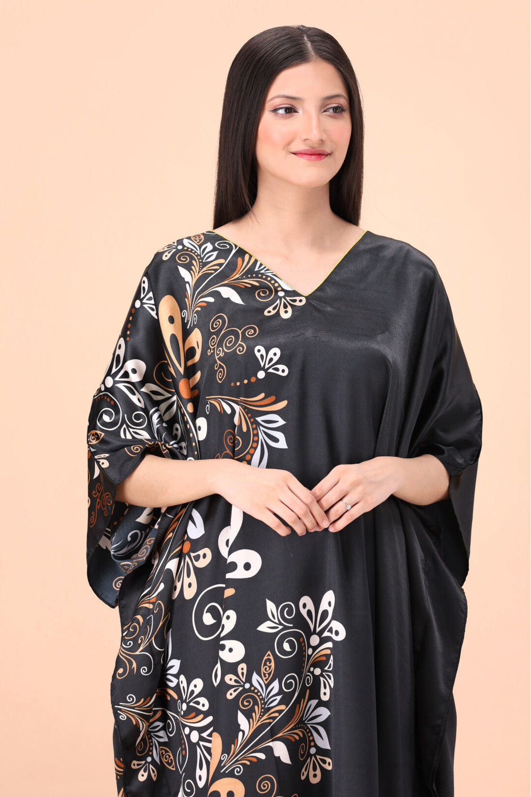 Studio By Arj Women Black Flower printed Silky Satin caftan lounge wear / nightwear