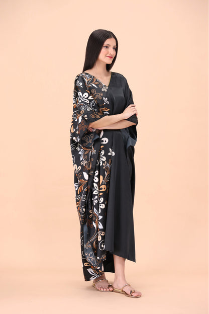 Studio By Arj Women Black Flower printed Silky Satin caftan lounge wear / nightwear